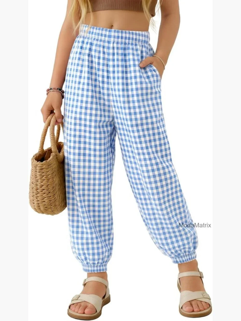 Girls Gingham Wide Leg Pants Elastic Waist Plaid Jogger Lightweight Sweatpant